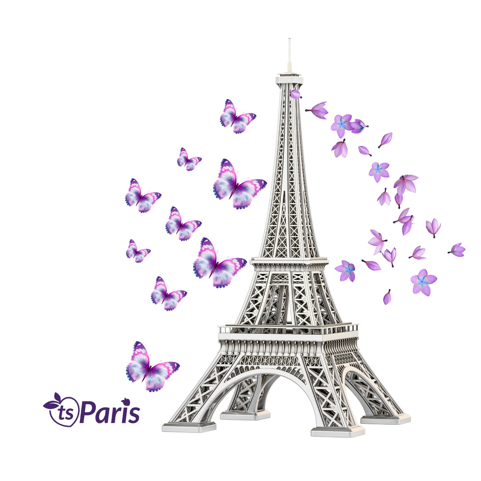 The Eiffel Tower with lilac butterflies and blossoms, with the ts Paris mark
