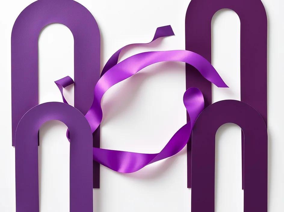 Five orchid and plum paper arches gather around an open center.