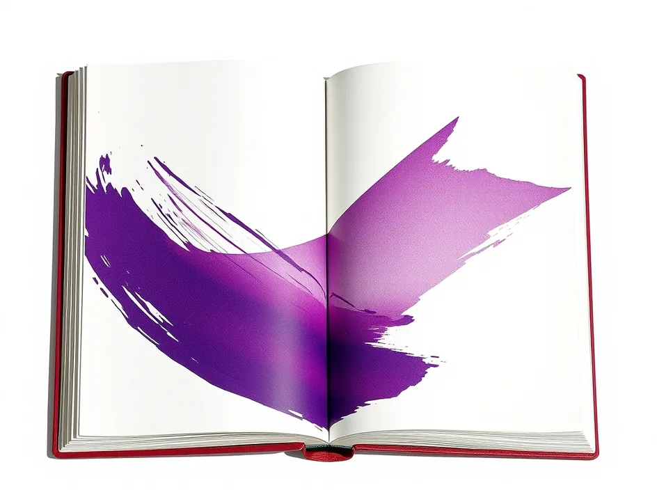 An open blank book carries a sweeping orchid-and-plum brushstroke.