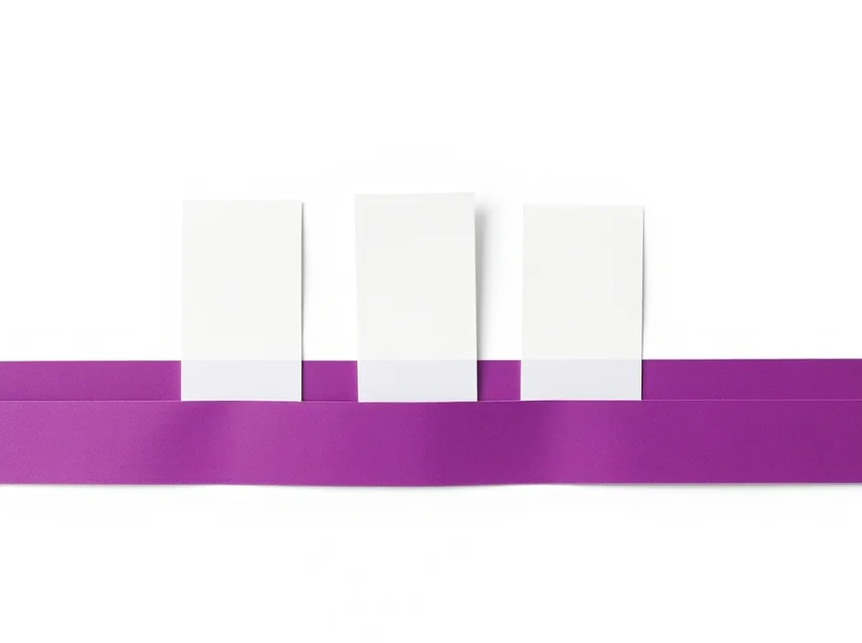 Three white paper tabs are joined by a bold orchid path.