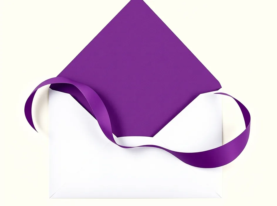 A folded paper letter opens with a flowing plum ribbon.